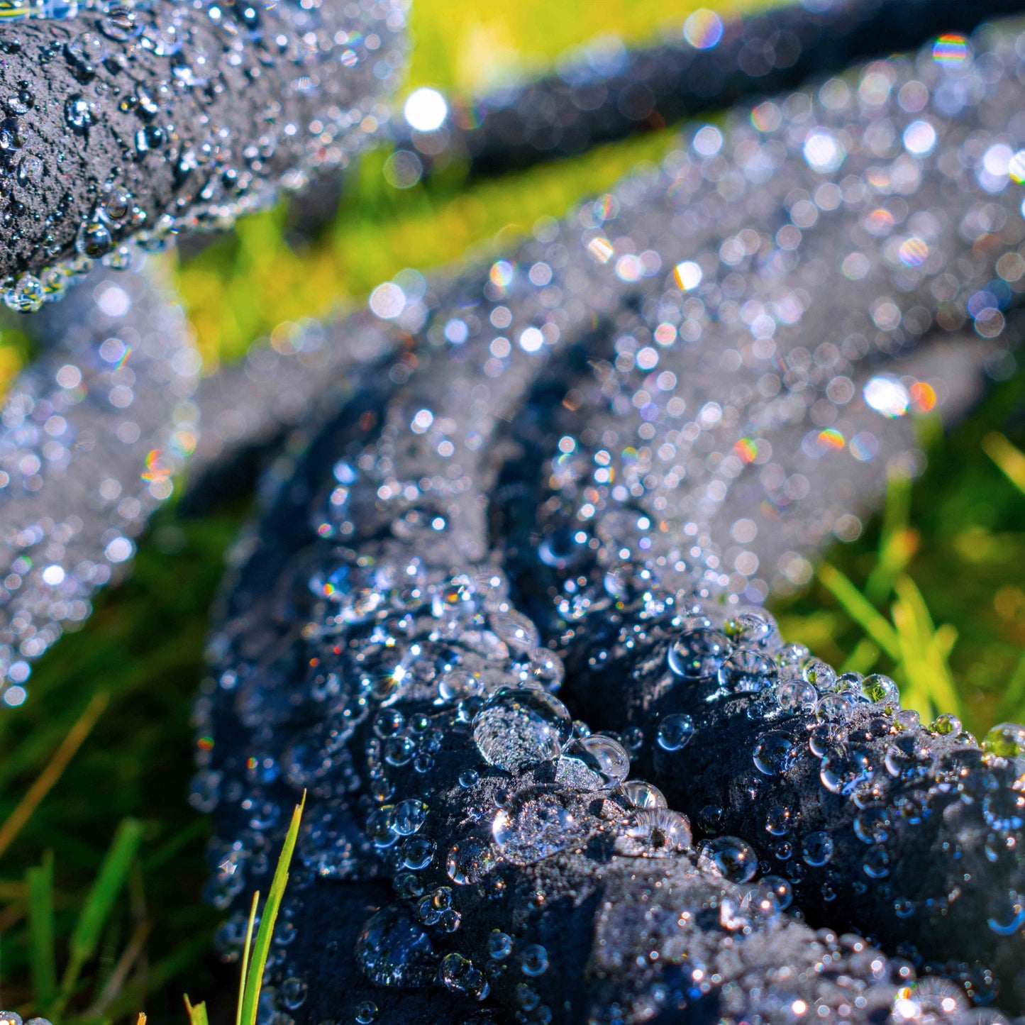 Close-up of black soaker hose with dense water seepage and droplets on grass