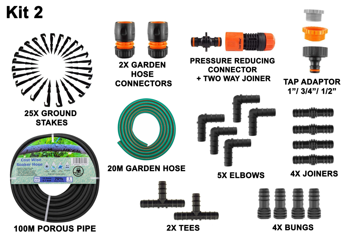 Porous pipe kit: 100m porous pipe, 20m hose, pressure reducer, connectors and elbows