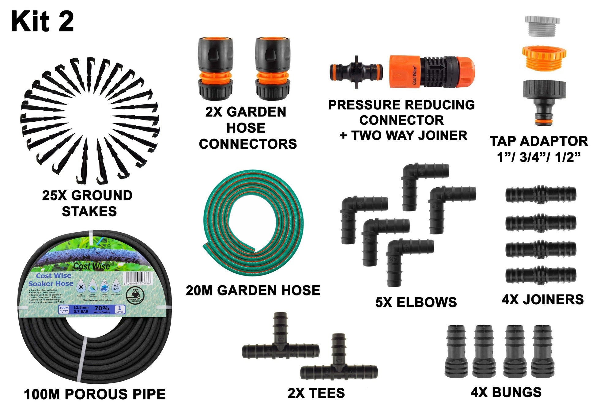 Porous pipe kit: 100m porous pipe, 20m hose, pressure reducer, connectors and elbows