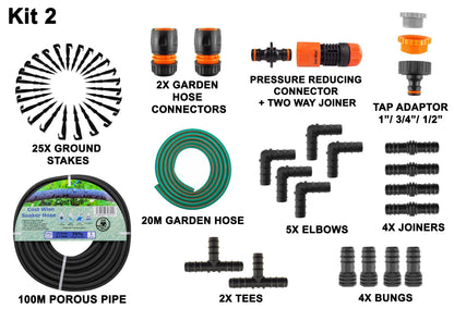 Porous pipe kit: 100m porous pipe, 20m hose, pressure reducer, connectors and elbows