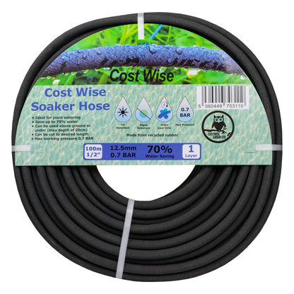 Black soaker hose roll with product label and measurements, porous watering hose