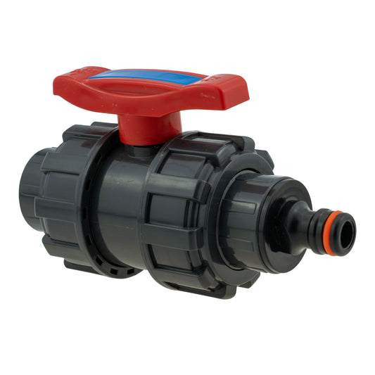 3/4" BSPF double union stopcock with quick connect nipple, red handle on dark valve body