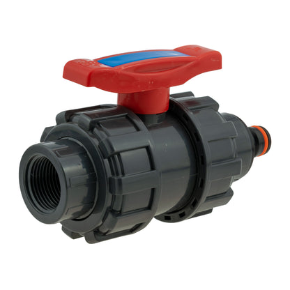 Double union stopcock with quick connect nipple; red top lever and dark grey union ends