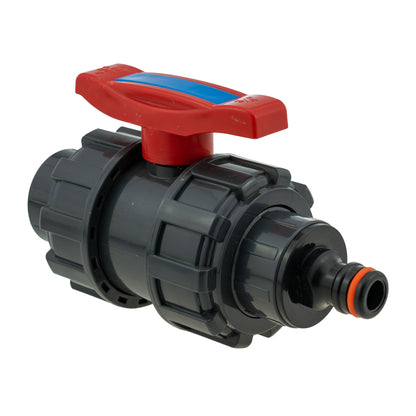 Double union stopcock with quick connect nipple; red handle, dark grey fittings and port