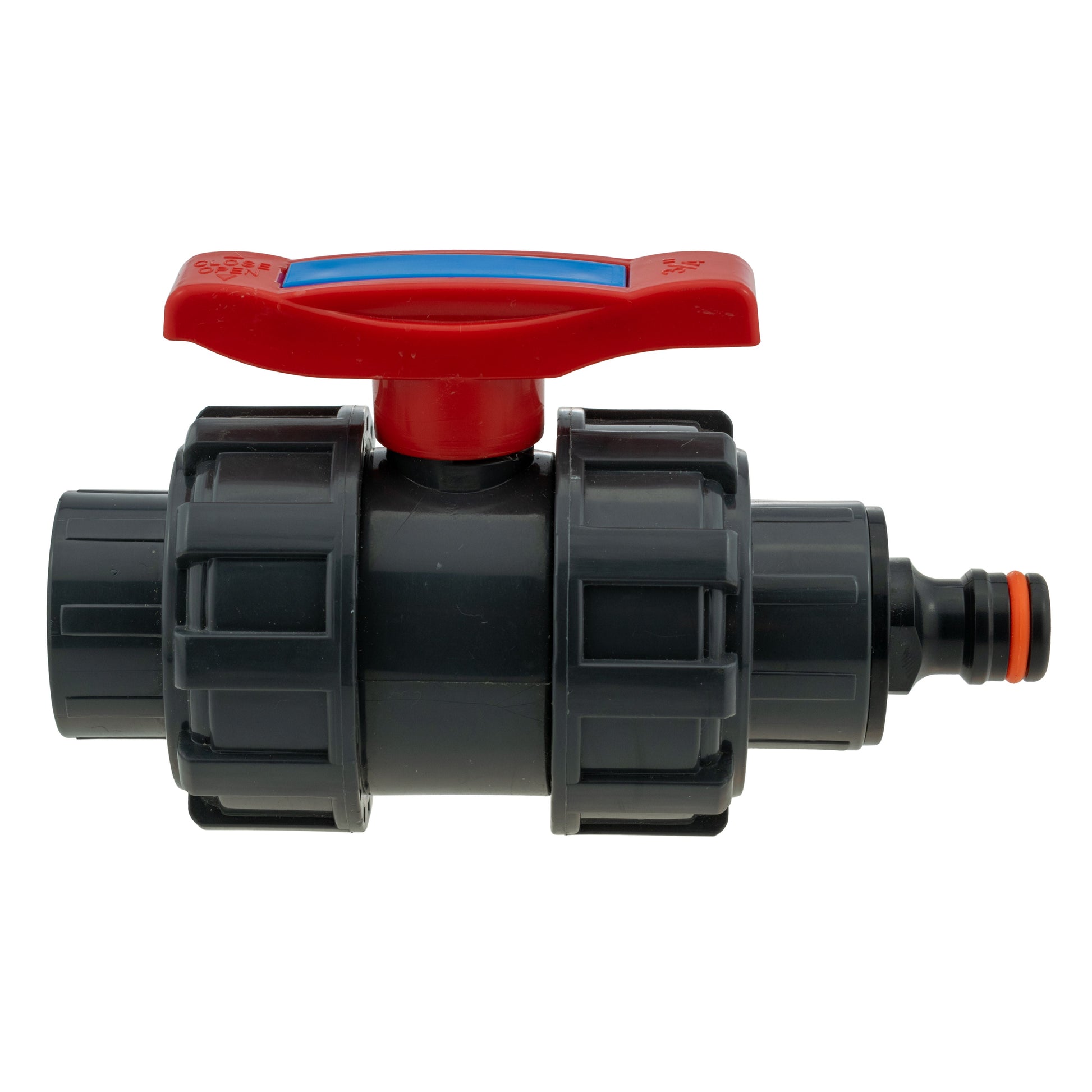 Front view of 3/4" BSPF stopcock with quick connect nipple and red lever handle