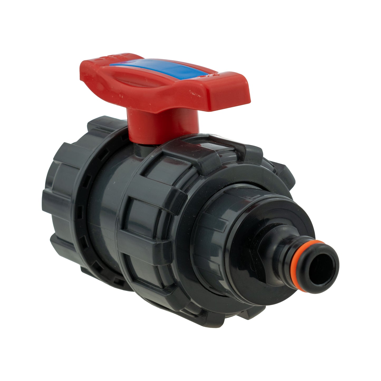 Side view of stopcock valve with quick connect nipple, red lever and dark grey body