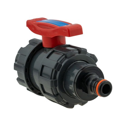 Side view of stopcock valve with quick connect nipple, red lever and dark grey body