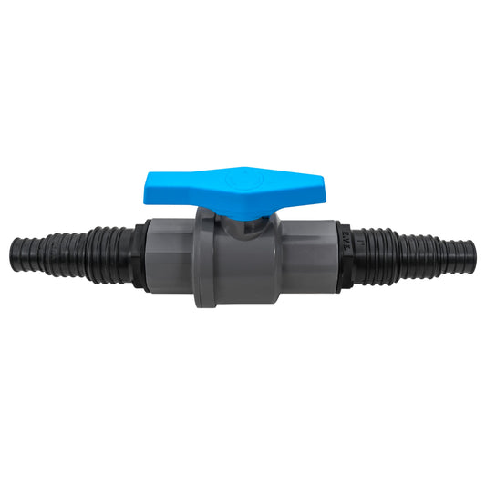 1" BSPF stopcock valve with blue lever handle, grey body and ribbed hose ends