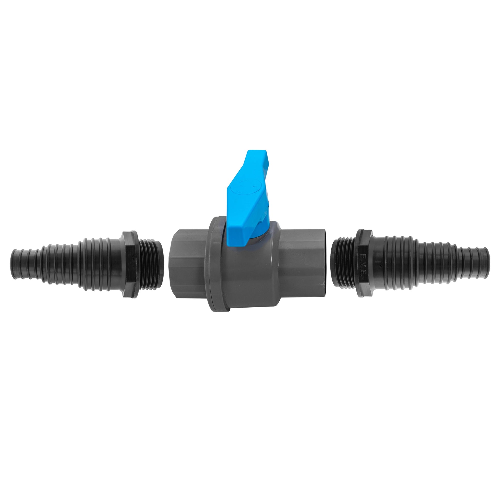 1" BSPF stopcock valve, side view with blue lever handle and threaded connectors