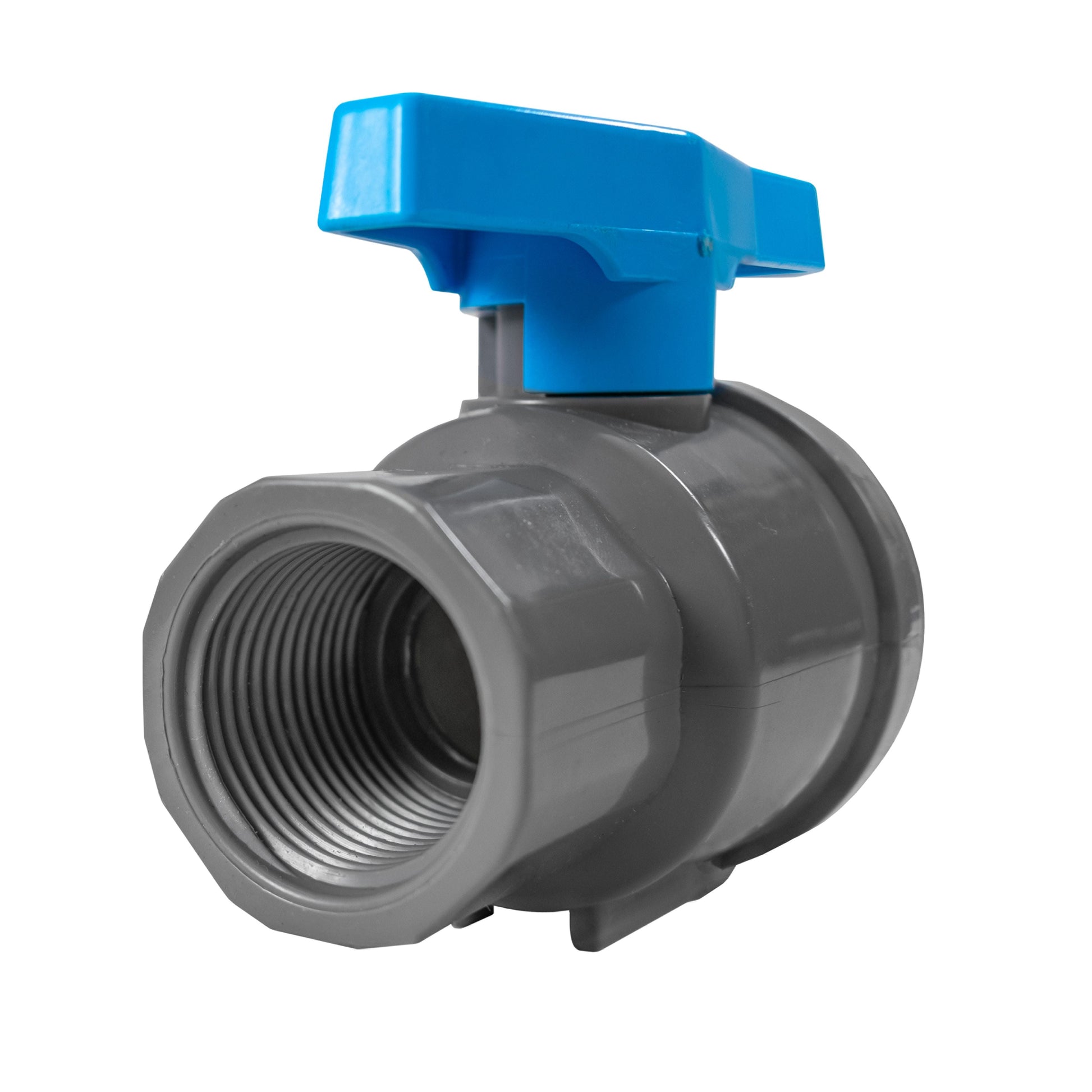 Stopcock valve inlet with blue lever on grey housing and threaded female port