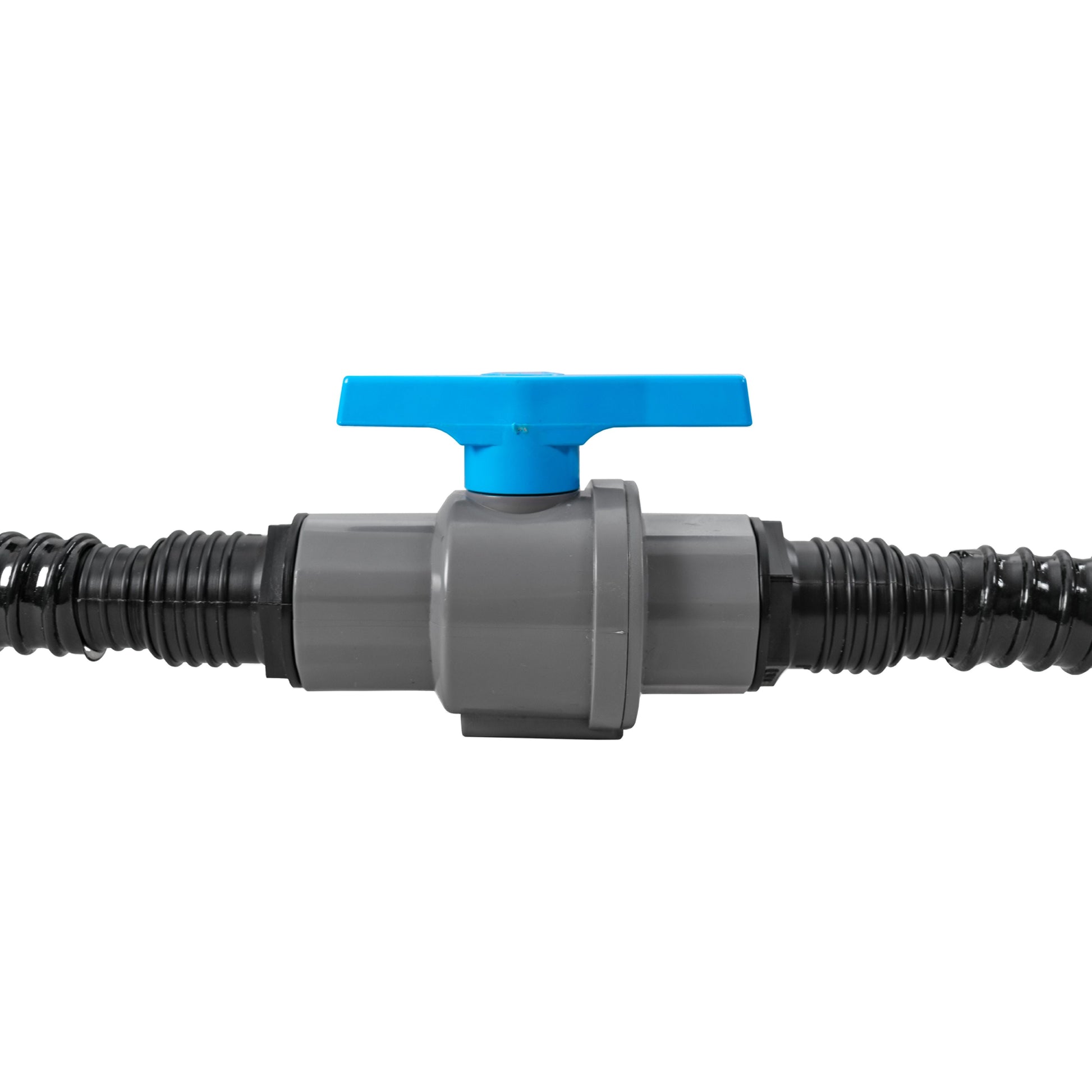 Stopcock valve with blue top lever, grey center body and black ribbed hose ends