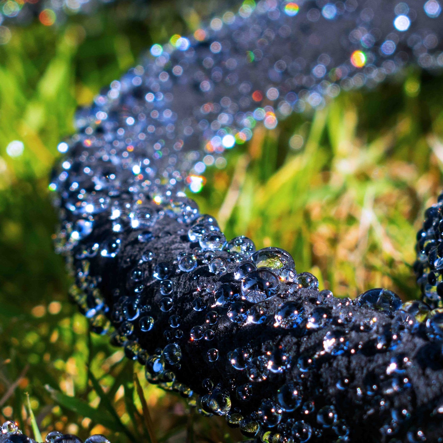 Porous soaker hose, dark rubber with visible water seepage droplets