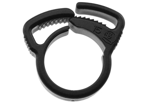 Ratchet clamp for 16mm OD LDPE pipe, black plastic loop with locking ratchet