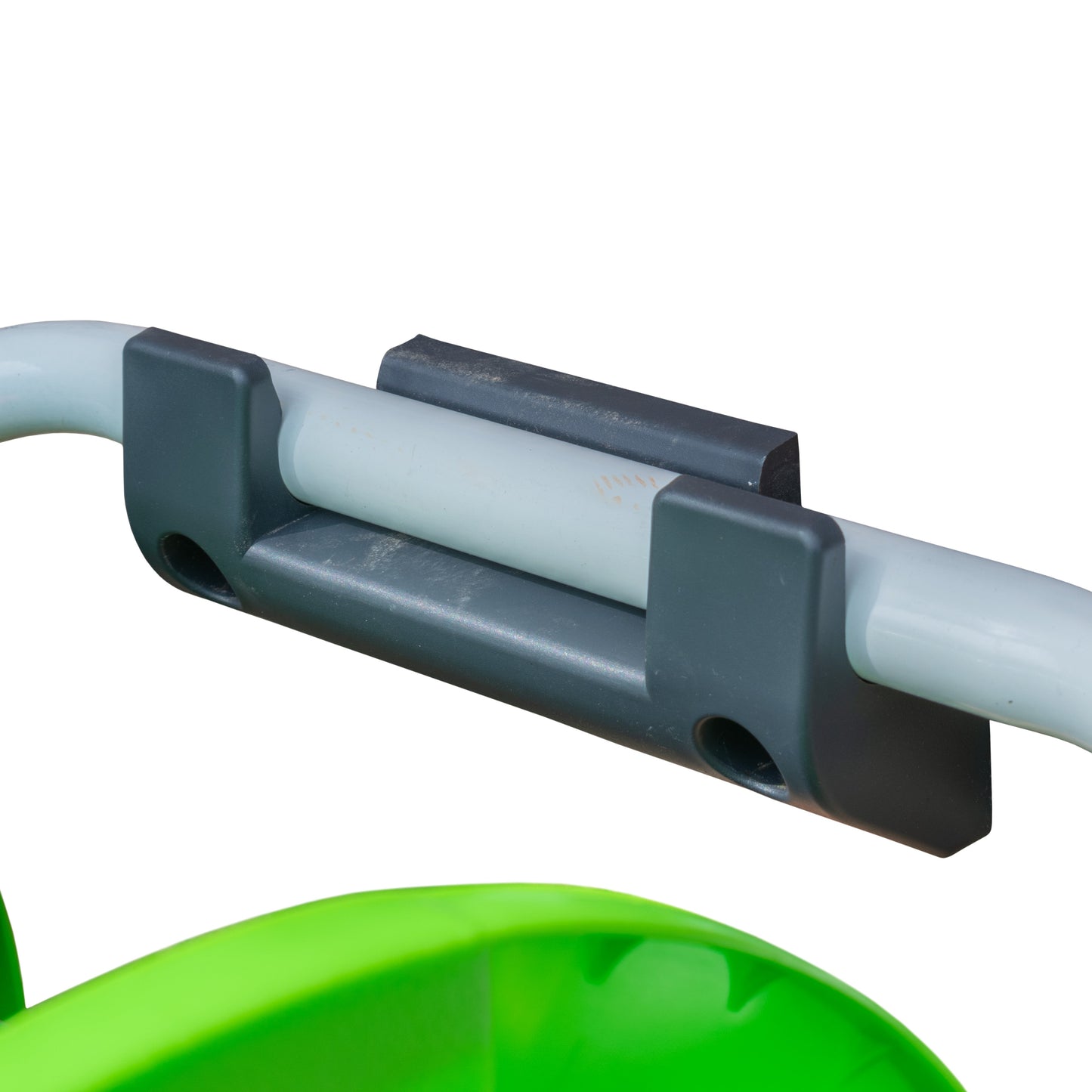 Hose reel wall bracket in use with light hose and dark mounting ends