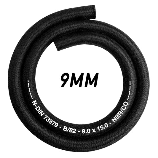 9mm heat-resistant braided rubber hose with textile reinforcements, black