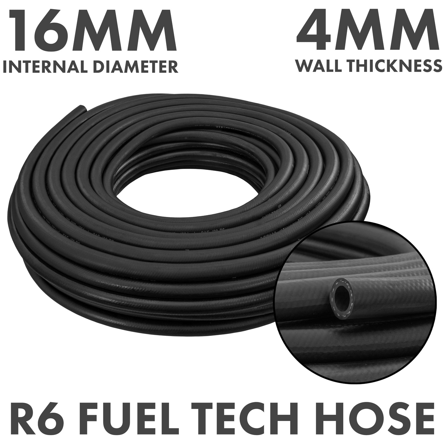 16mm fuel tech hose, black braided rubber, 4mm wall thickness, R6 style