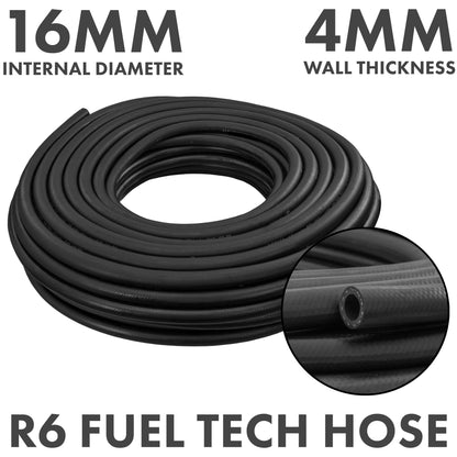 16mm fuel tech hose, black braided rubber, 4mm wall thickness, R6 style