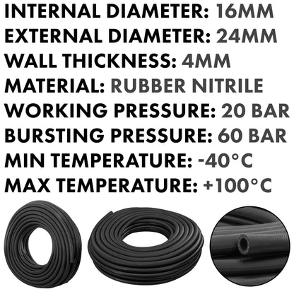 16mm fuel/oil hose specs: ID 16mm, OD 24mm, wall 4mm, nitrile, 20 bar WP