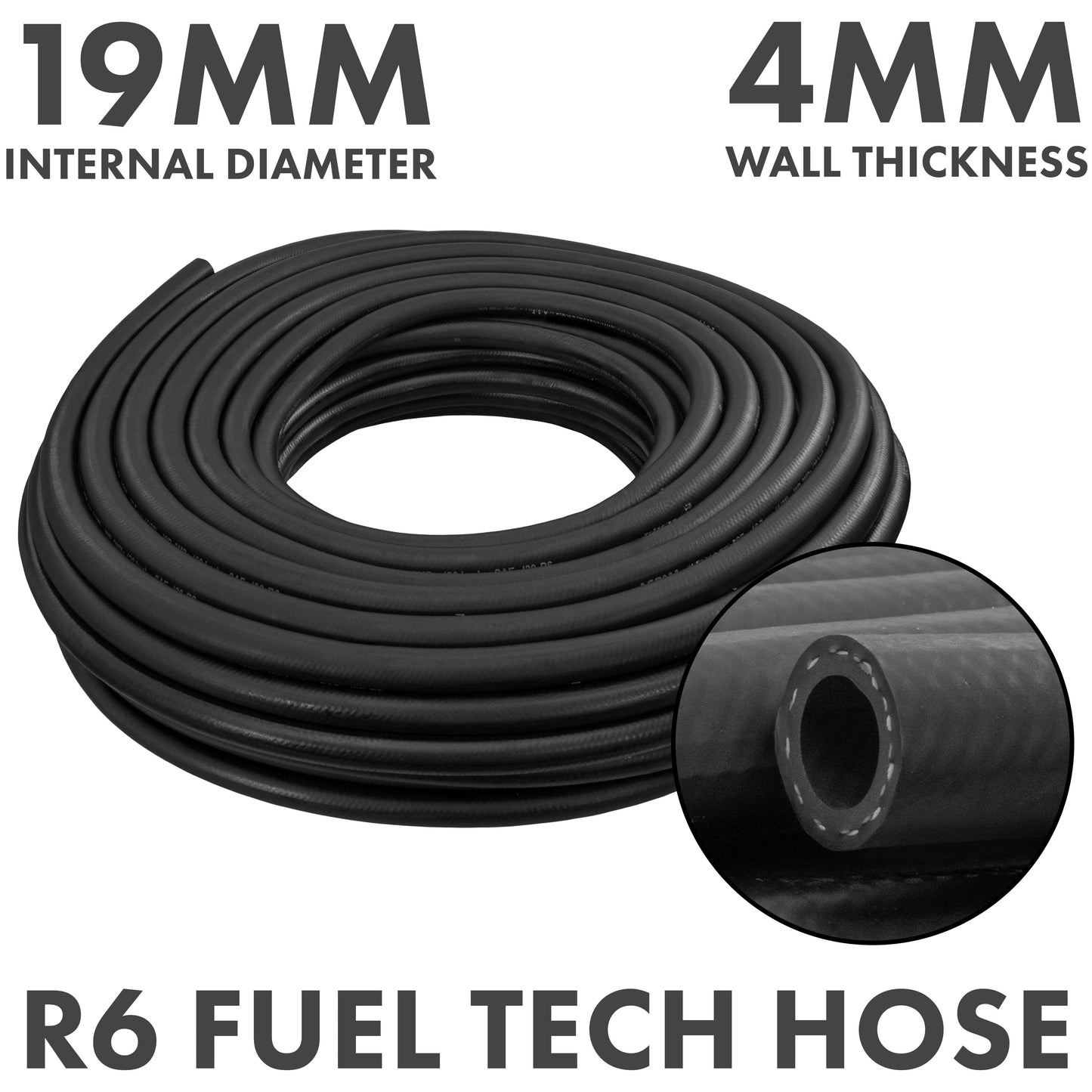19 mm Innen-Ø Kraftstoffschlauch, 4 mm Wandstärke, geflochtene schwarze Gummihose