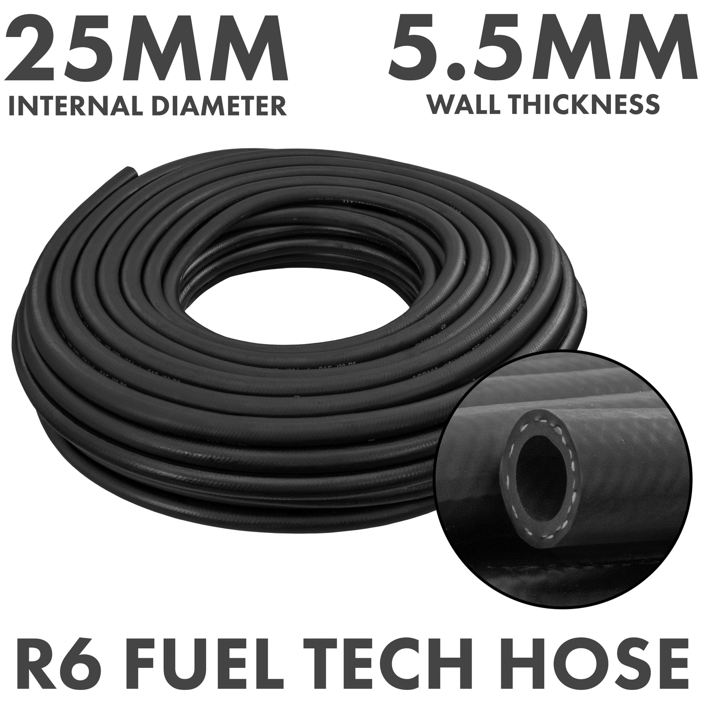R6 fuel tech hose coil, braided black rubber, 25mm internal diameter