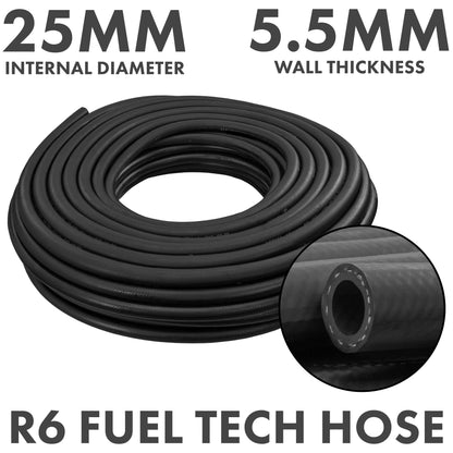 R6 fuel tech hose coil, braided black rubber, 25mm internal diameter