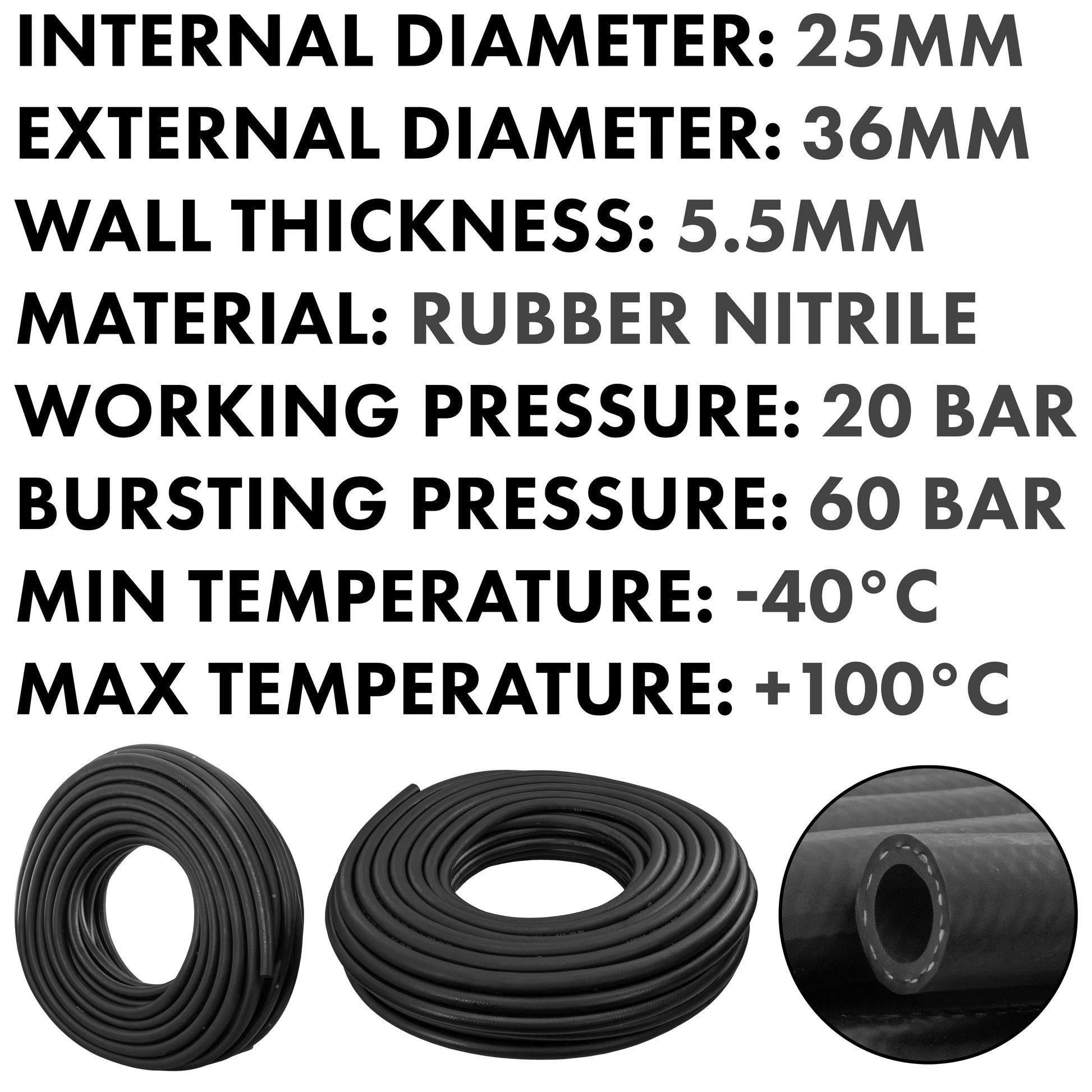 25mm fuel hose specs: internal 25mm, wall 5.5mm, SAE J30 R6