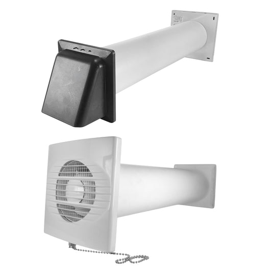 Through-wall ventilation kit fan housing with graphite external vent and white duct