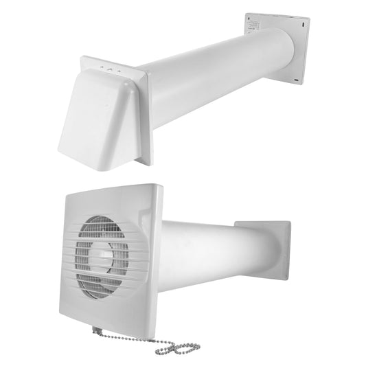 White wall ventilation fan kit with pull-cord switch and external vent pipe