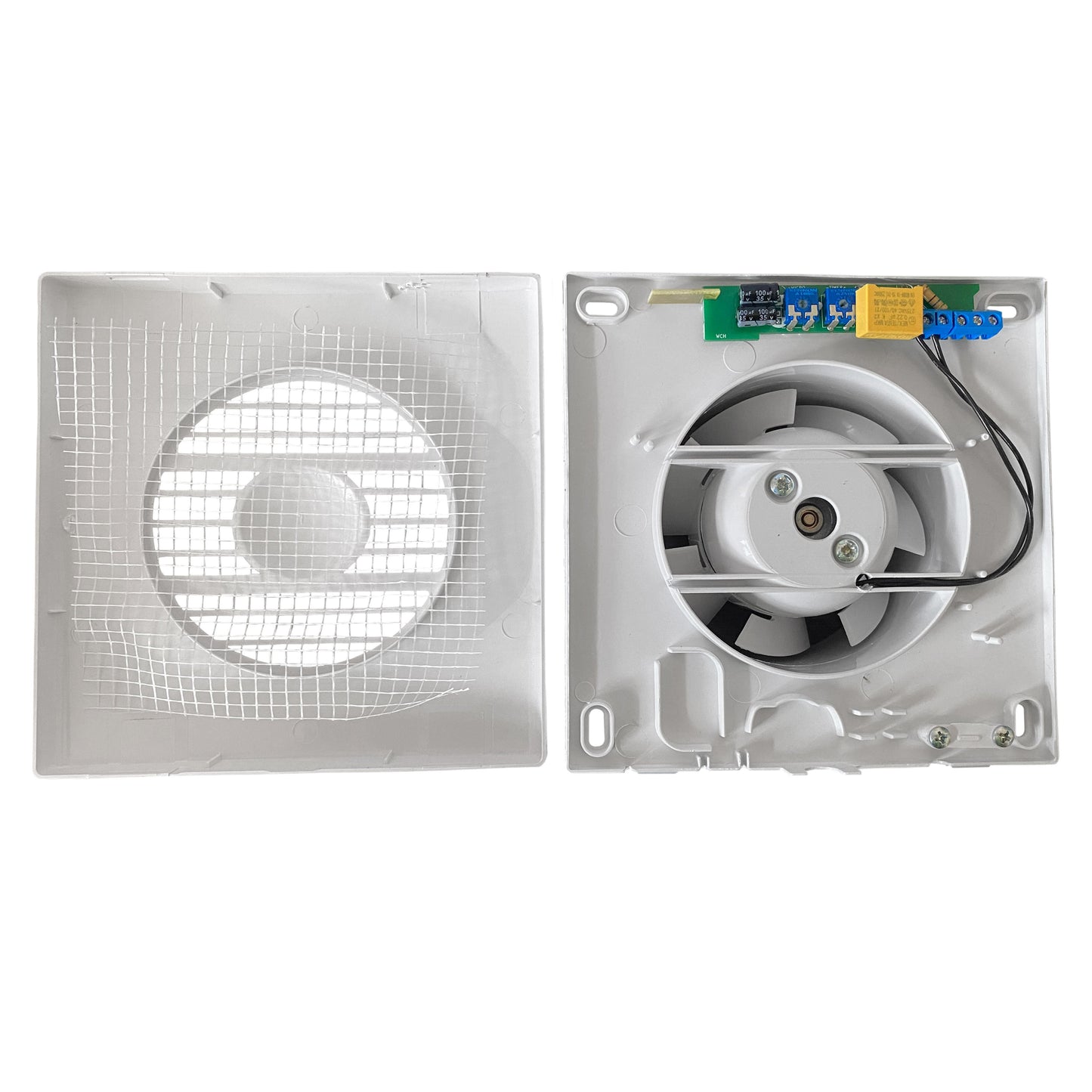 Ventilation fan unit open view with white housing and internal fan