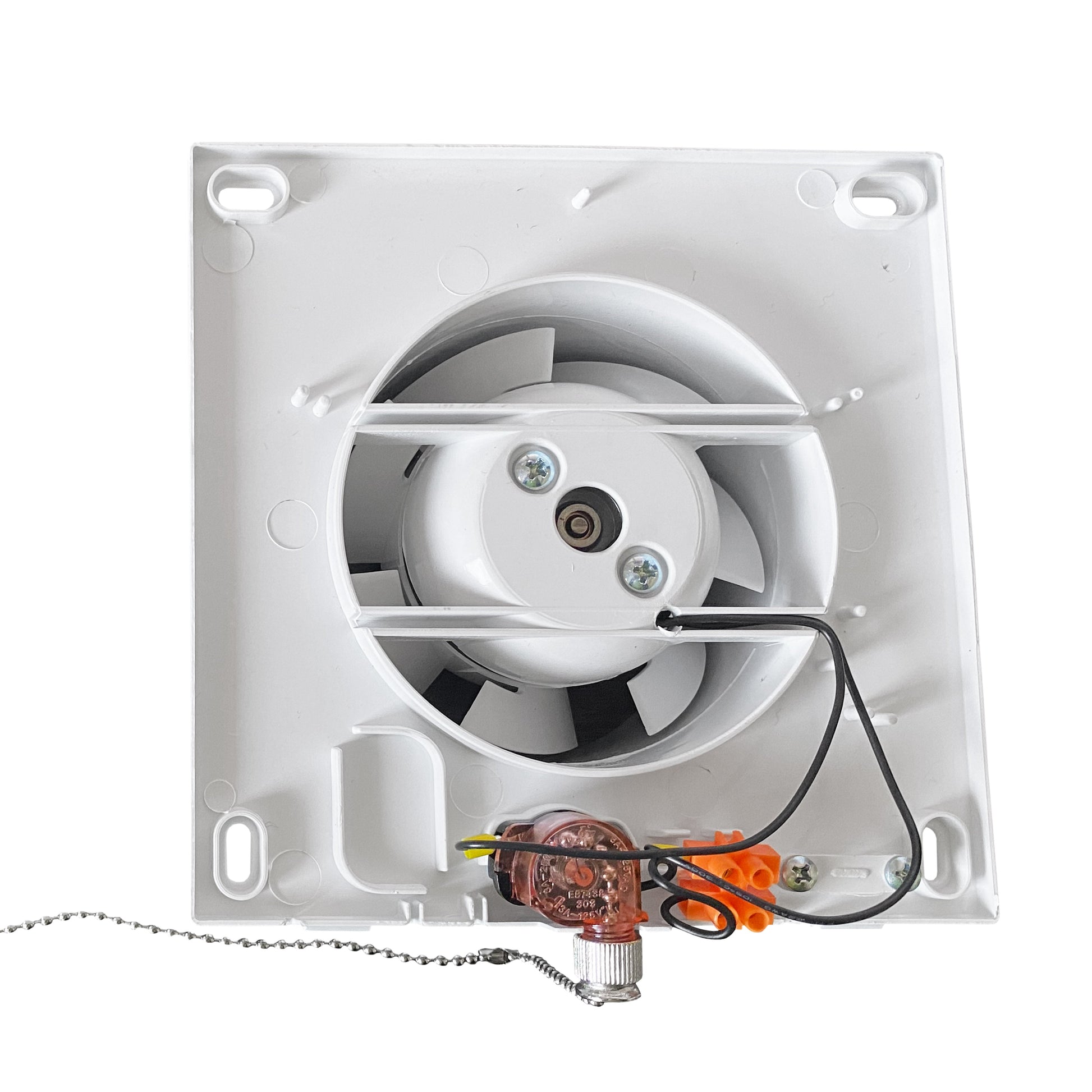White fan housing interior with wiring, motor parts, and pull-cord chain