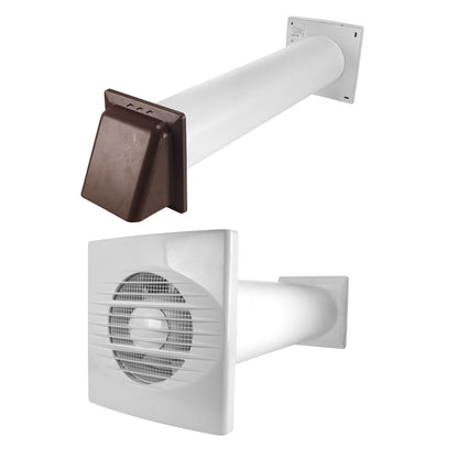 Through wall ventilation kit with white duct and brown exterior vent hood