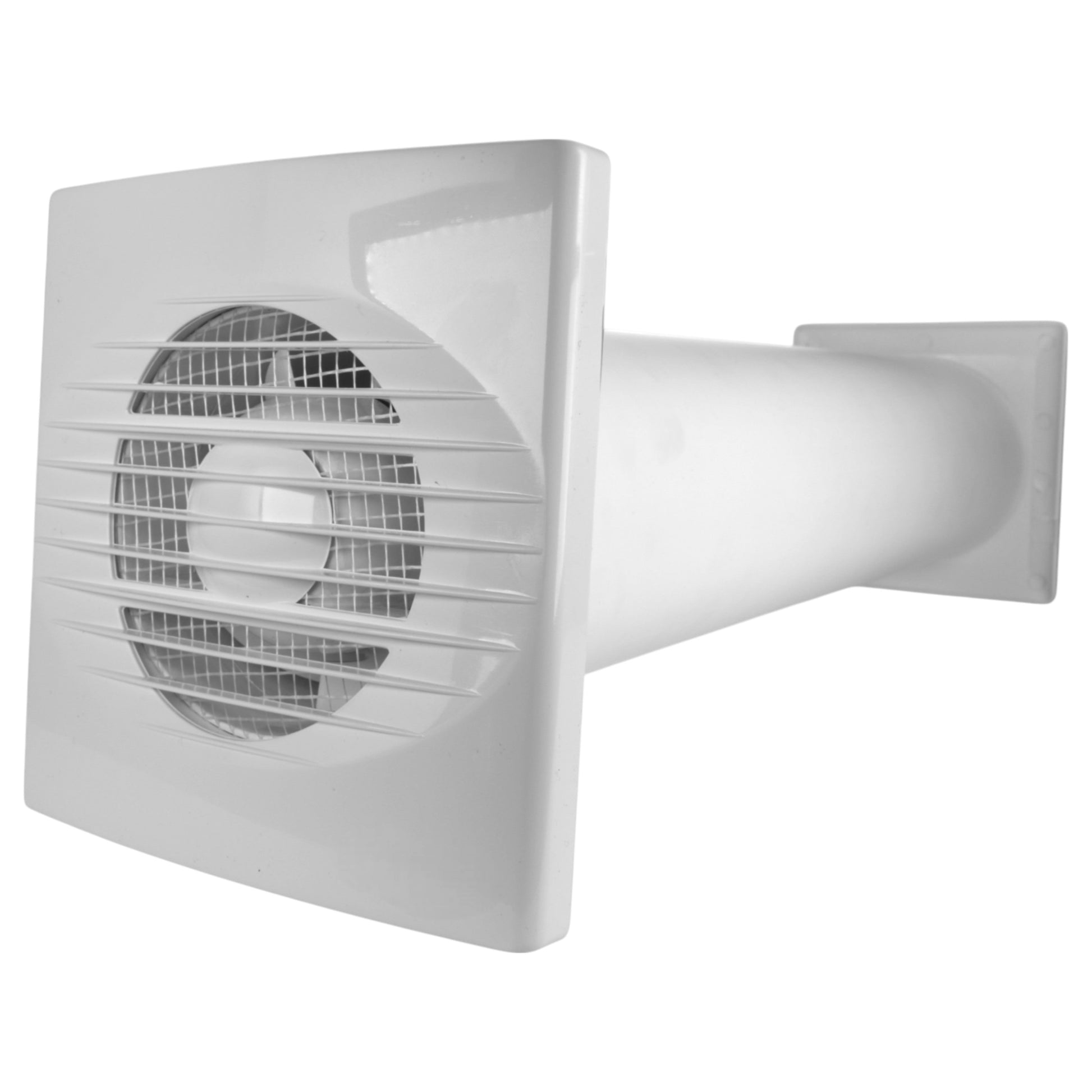 White through-wall fan with front grille and extended duct outlet