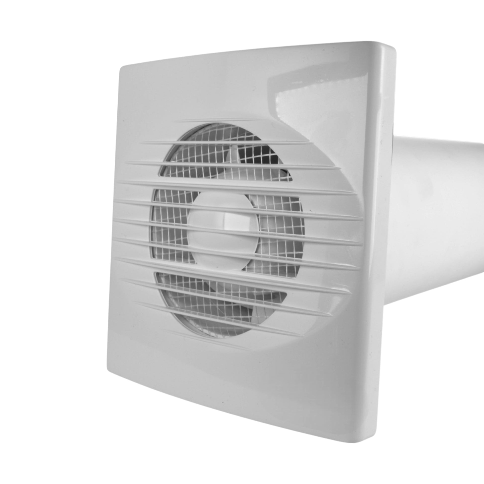 White wall-mounted ventilation fan with grille and duct opening