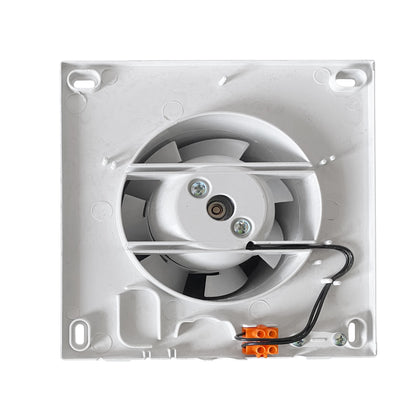 White wall fan interior: mounting panel with fan unit and wiring terminals
