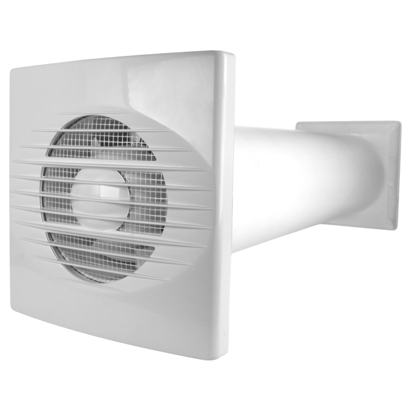 White exterior ventilation fan grille facing forward with duct attached