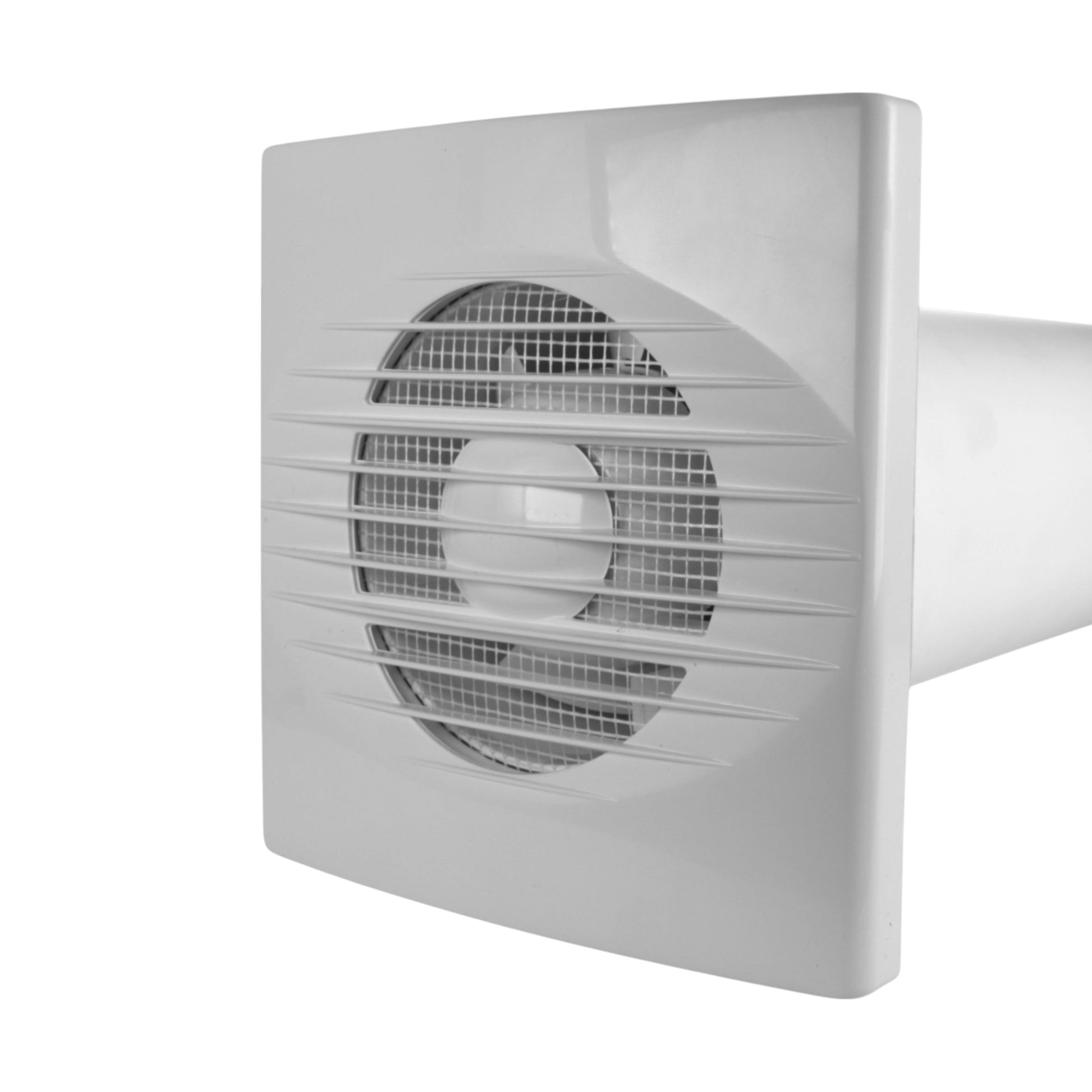 White through-wall fan grille and duct outlet, angled view
