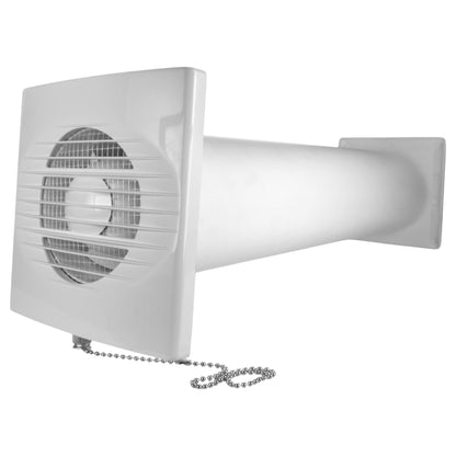 White wall ventilation fan with long duct and pull-cord chain