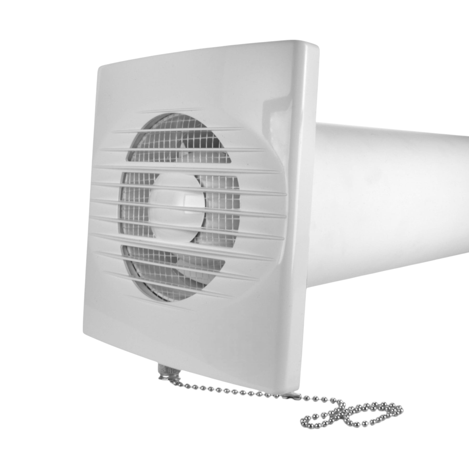 White grille fan on duct section with pull-cord chain