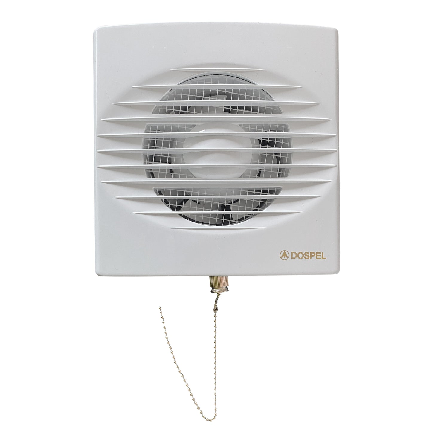 White wall fan grille with pull-cord chain and ventilation cover