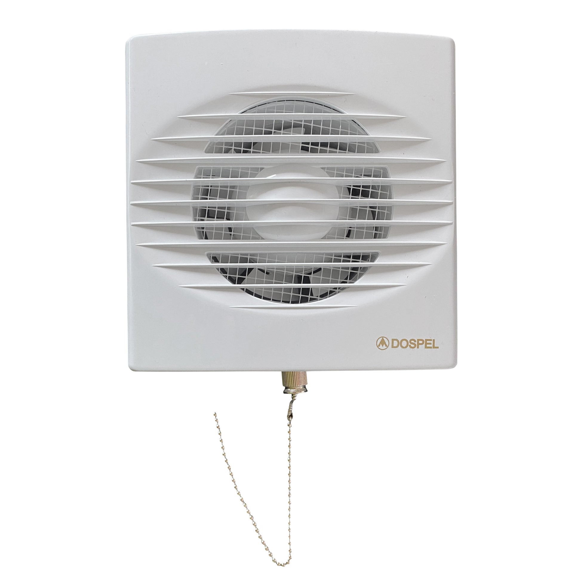 White wall fan grille with pull-cord chain and ventilation cover
