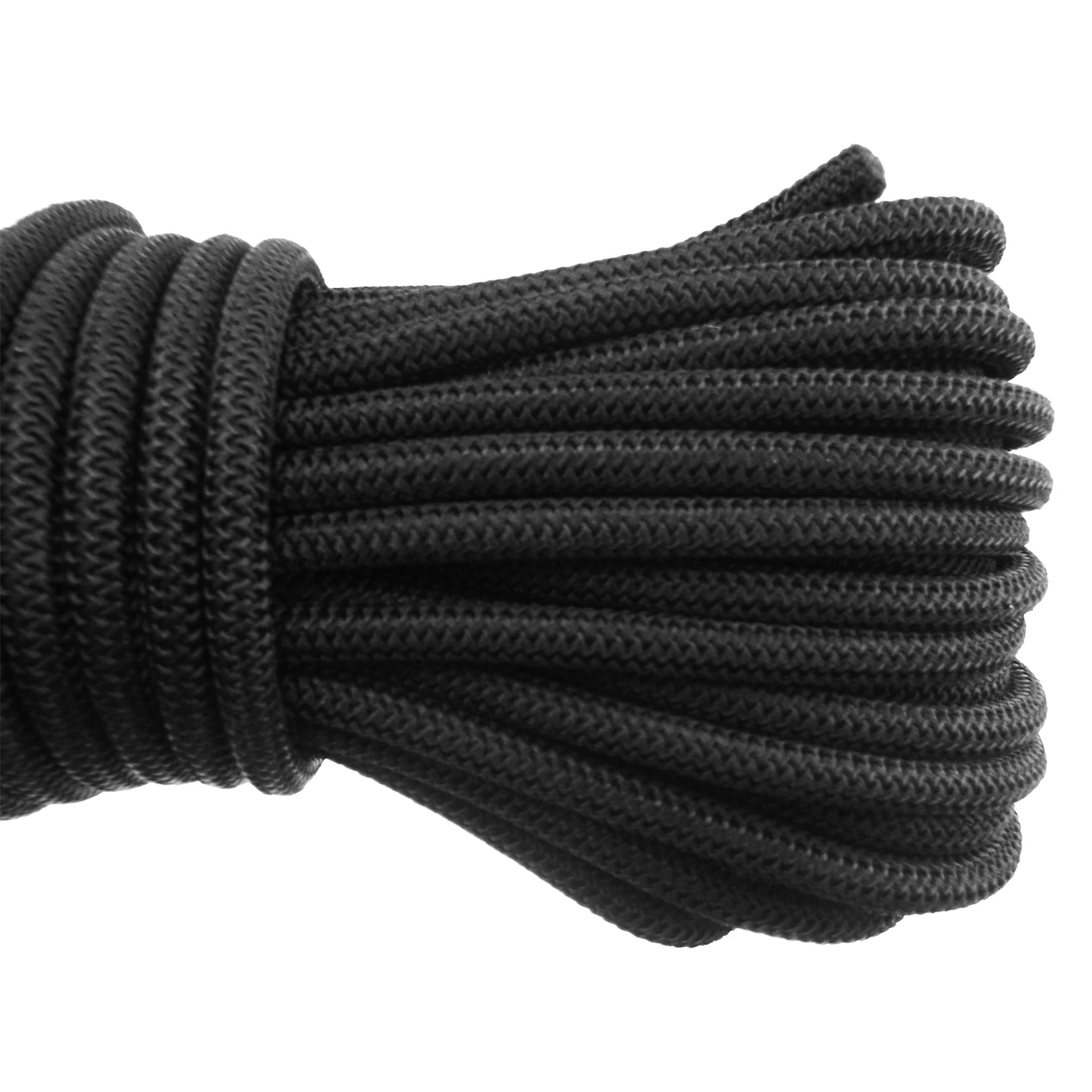 Close-up of black 6mm bungee rope strands and braided texture