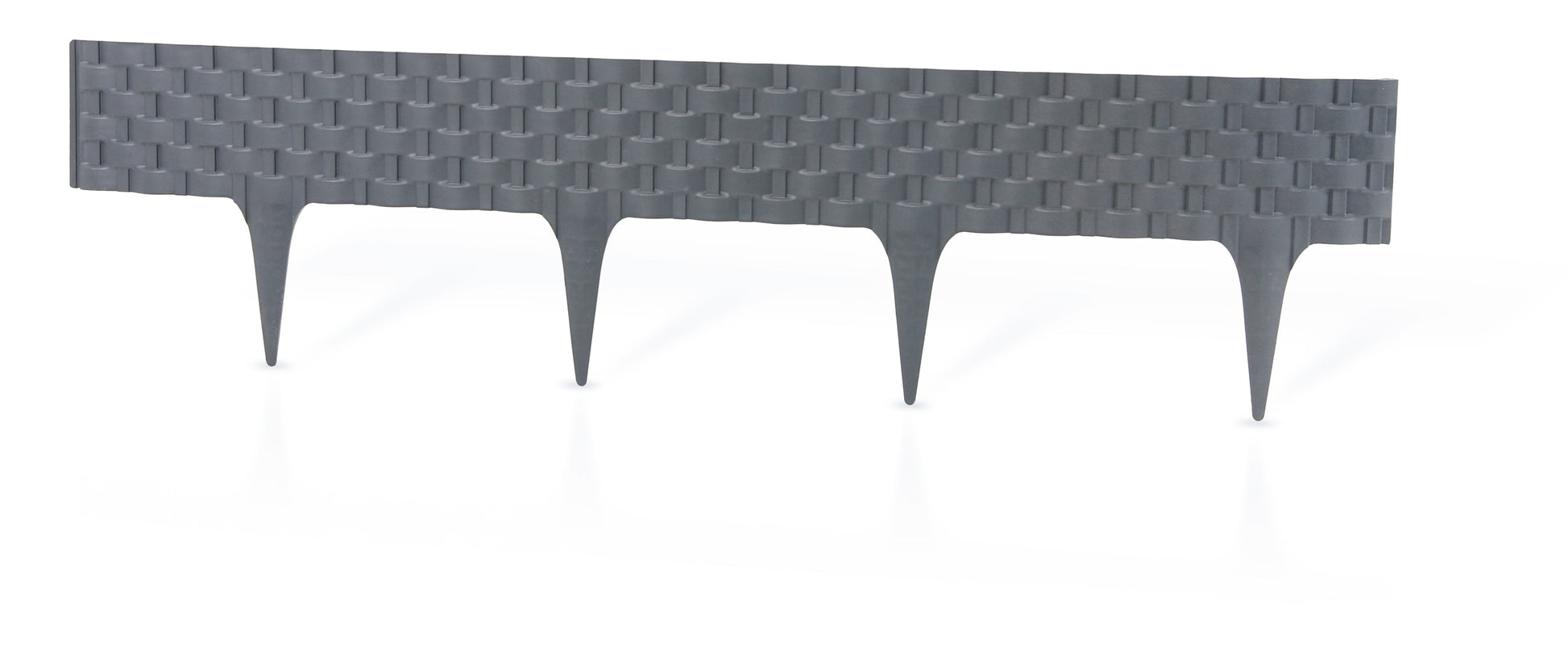 Gray plastic edging strip with woven rattan-style texture and evenly spaced stakes