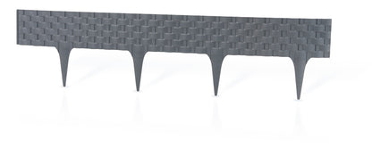 Gray plastic edging strip with woven rattan-style texture and evenly spaced stakes