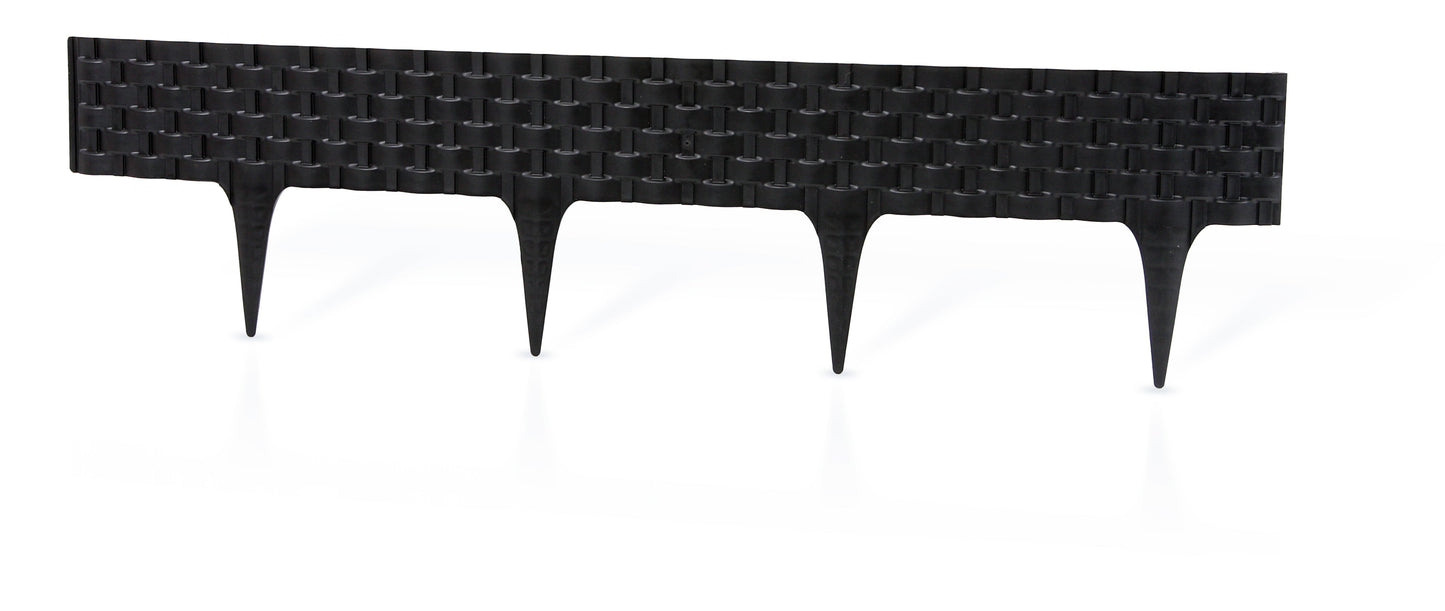 Black plastic lawn edging strip with interlocking rattan-style pattern and stakes