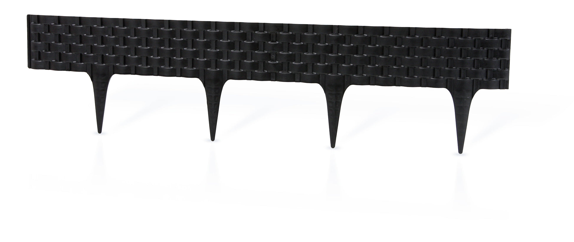 Black plastic lawn edging strip with interlocking rattan-style pattern and stakes