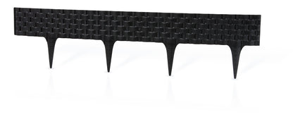 Black plastic lawn edging strip with interlocking rattan-style pattern and stakes