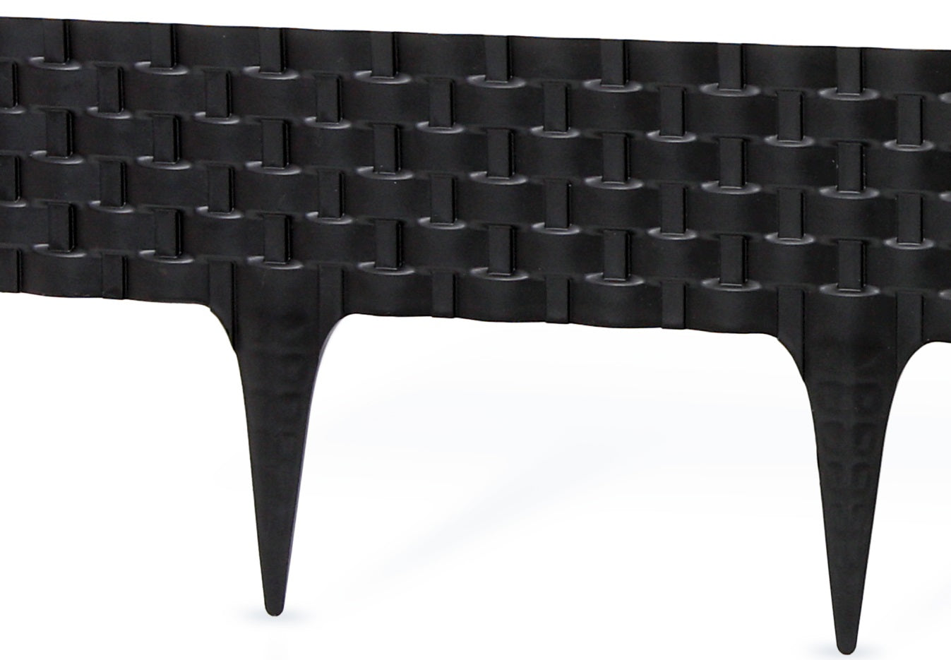 Black plastic lawn edging with rattan-effect lattice top and pointed stakes