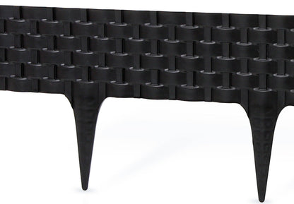 Black plastic lawn edging with rattan-effect lattice top and pointed stakes
