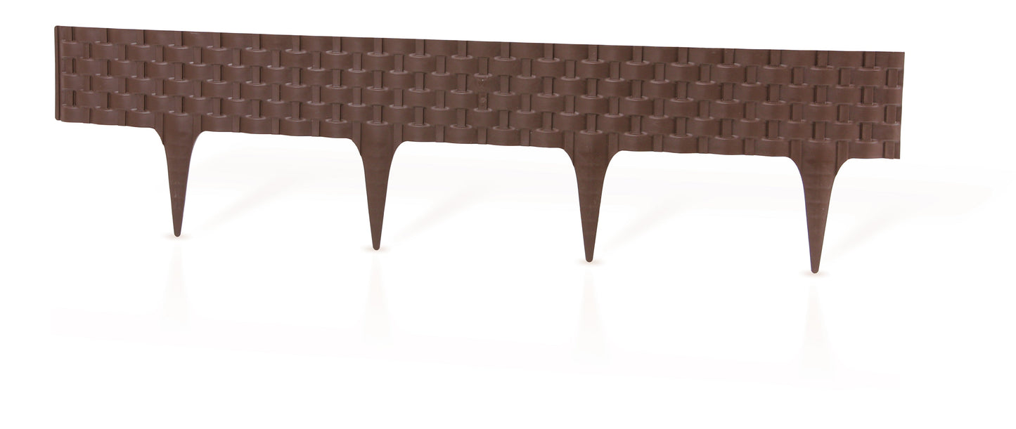 Brown plastic edging strip with woven rattan-effect pattern and four stakes