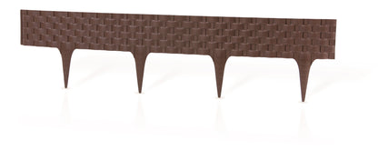 Brown plastic edging strip with woven rattan-effect pattern and four stakes